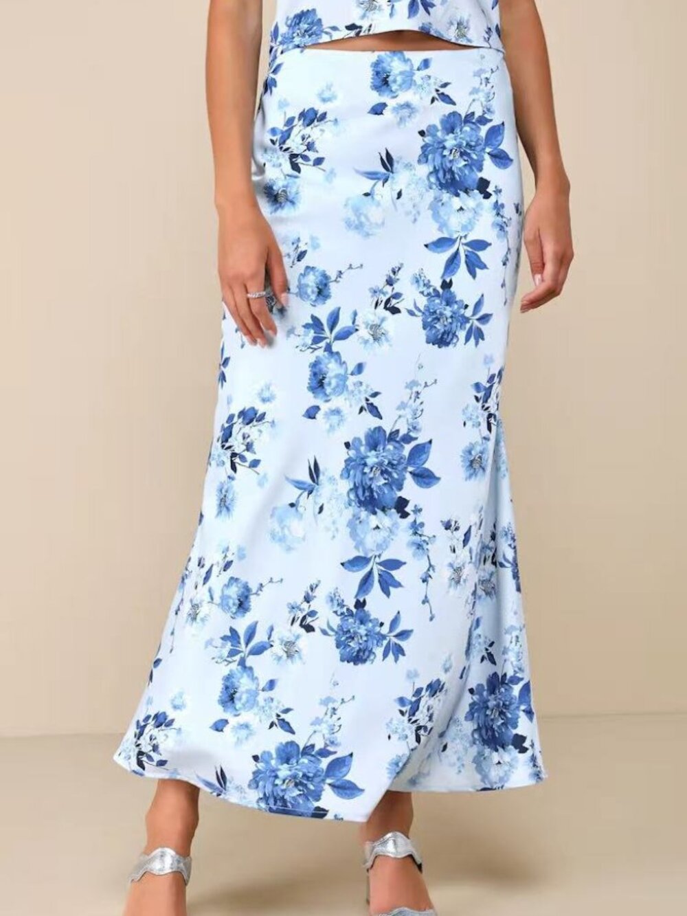 Lulus Charming Excellence Light Blue Floral Satin Midi Skirt